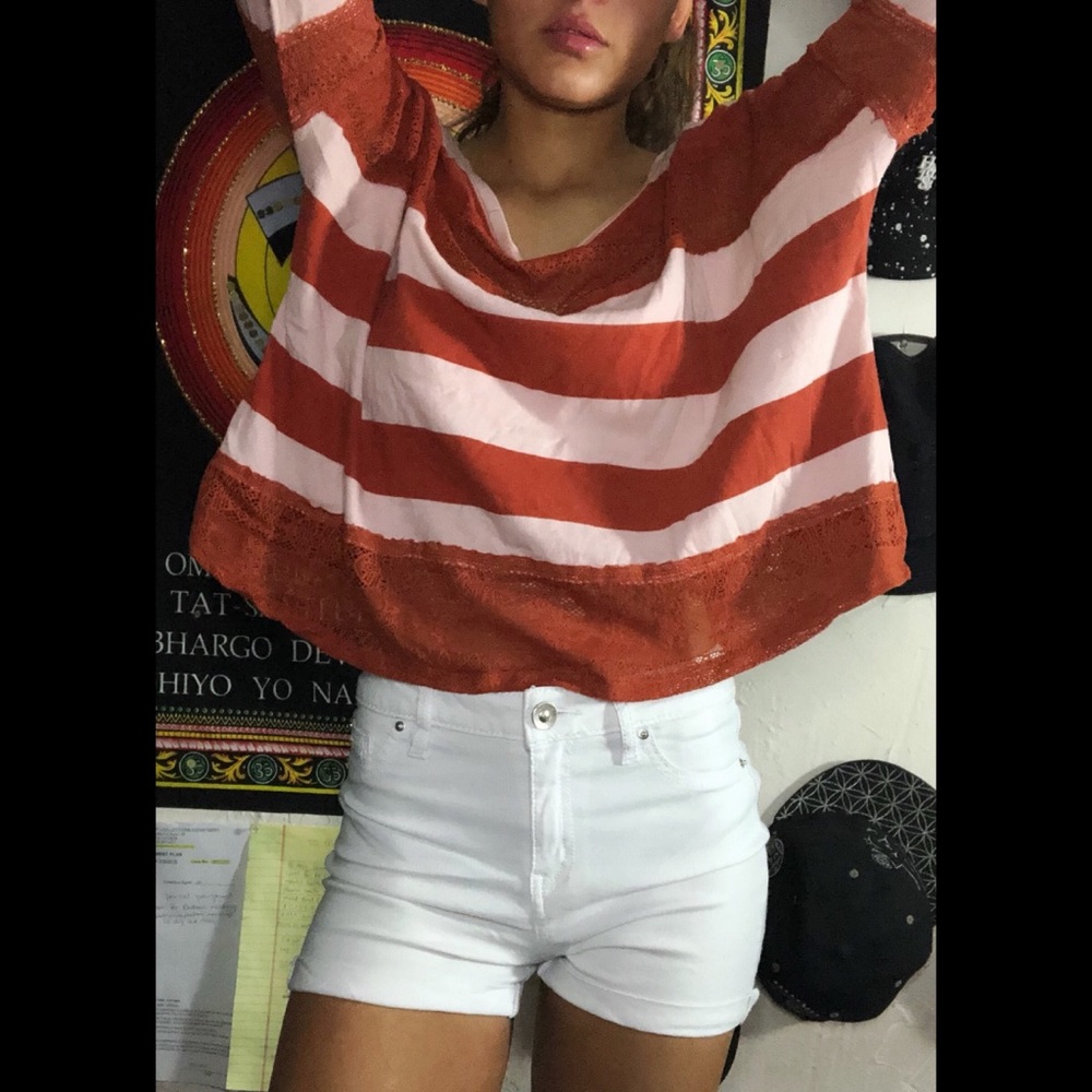 M KIMA Burnt Orange Crochet Boat Neck Long Sleeve
